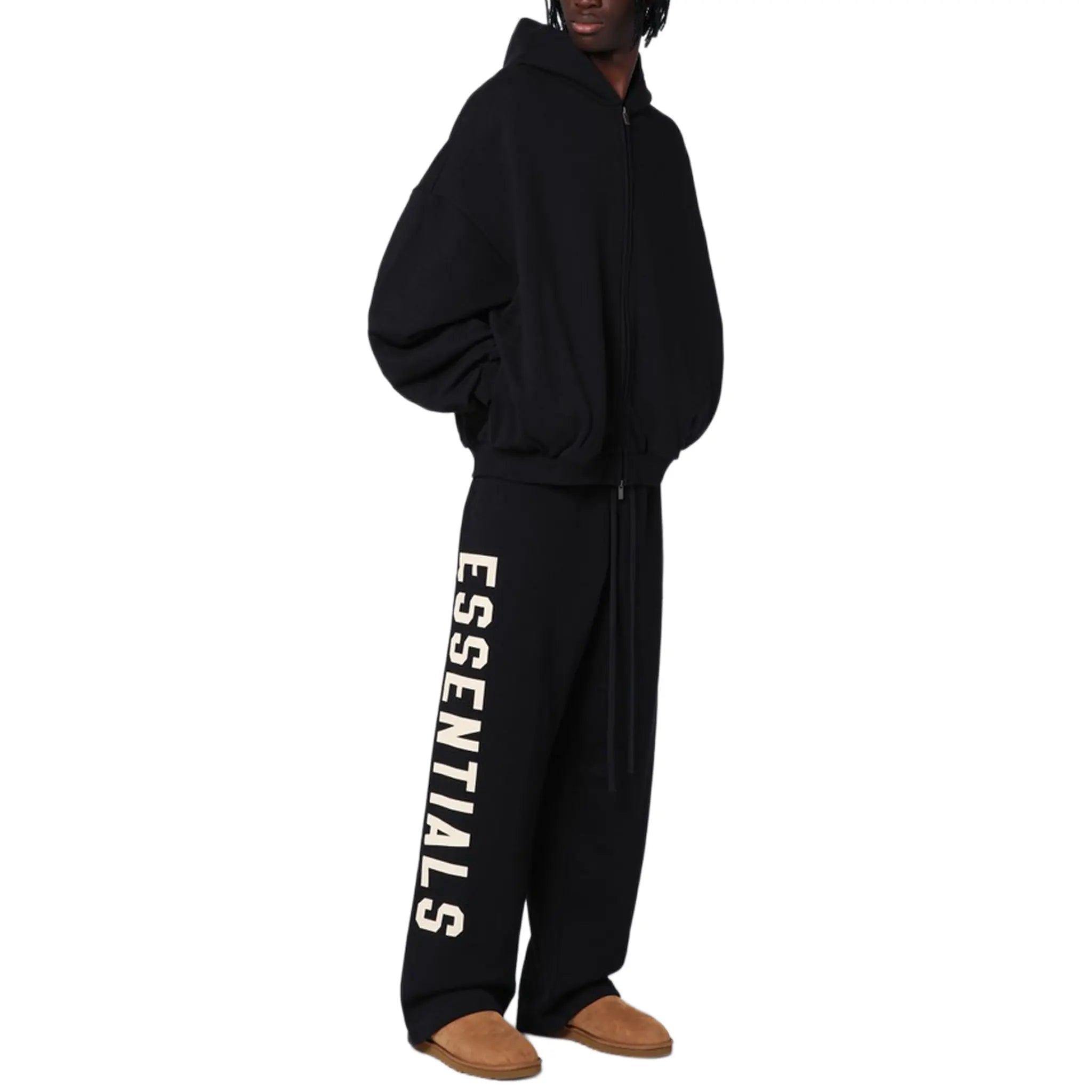 Front View of Fear Of God Essentials Heavy Fleece Black Zip-Up Hoodie (FW24) 192BT246240F